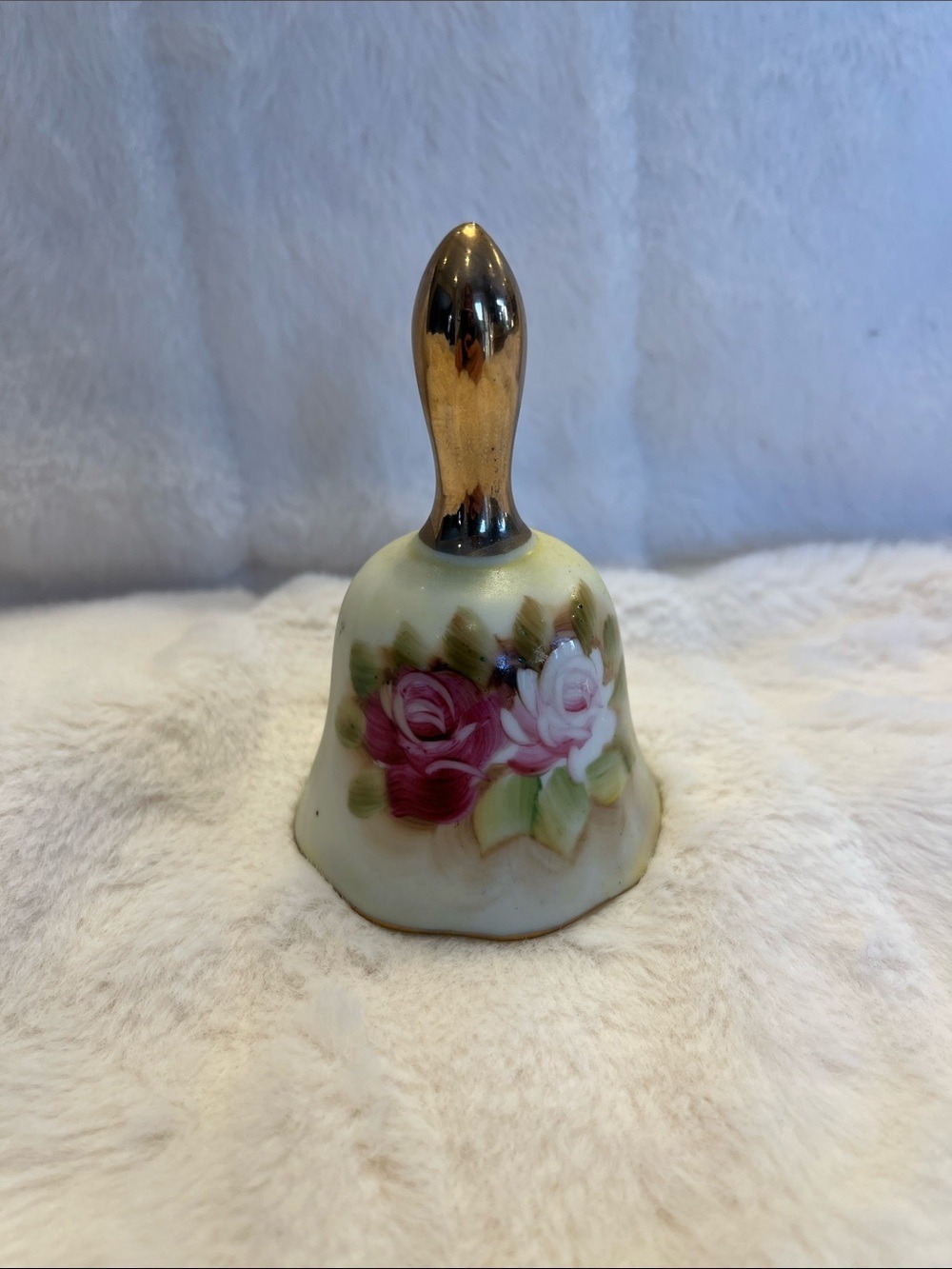 Hand Painted Enesco Floral Porcelain Bell with Gold Tone Handle-Japan
